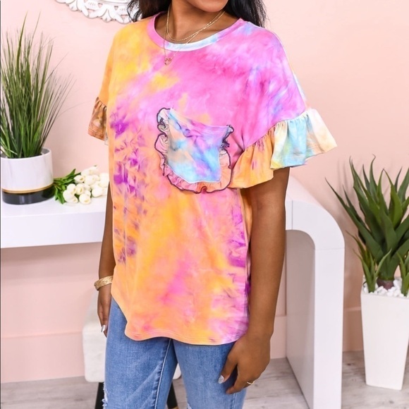 Tye Die Dolman Ruffle Knit Top with Pocket - Picture 1 of 6